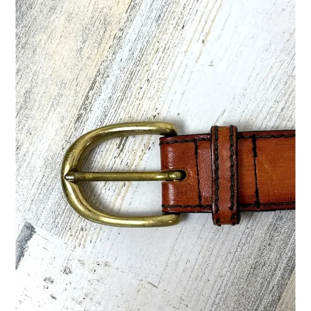Vintage Handmade Unisex L Brown Leather Western Belt Brass Buckle 35 Inch